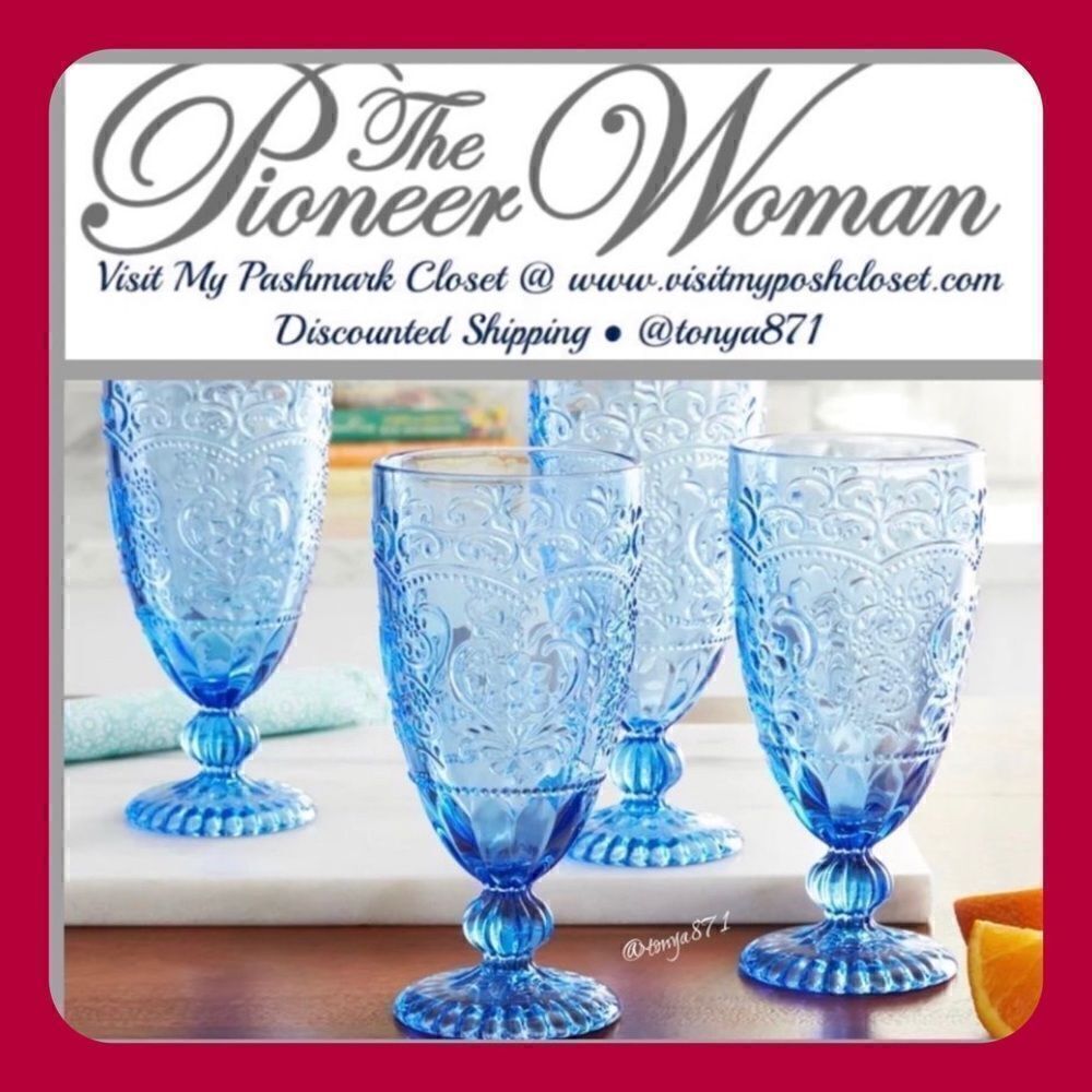 🦋 New Pioneer Woman Amelia 4-Piece 14.7-Ounce Goblet Set, Blue